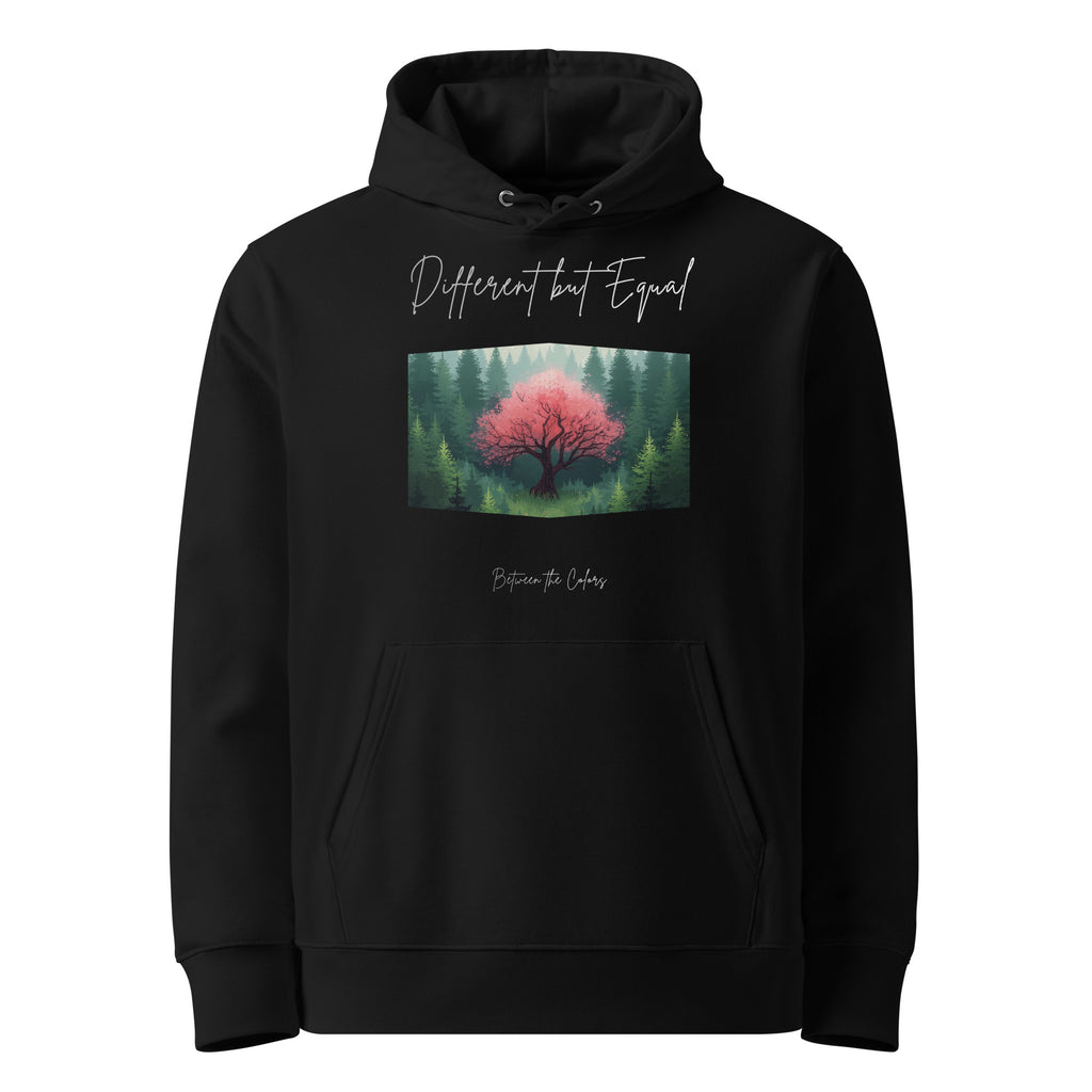Different but Equal Unisex Bio-Hoodie schwarz Vorderansicht – non-binary Mode, LGBTQ+ Kapuzenpullover, gender-neutral fashion