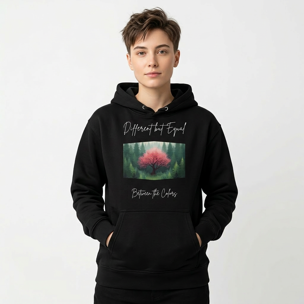 Different but Equal Bio-Hoodie Vorderansicht – non-binary fashion, queer Kapuzenpullover, gender-neutral Hoodie, LGBTQ+ clothing