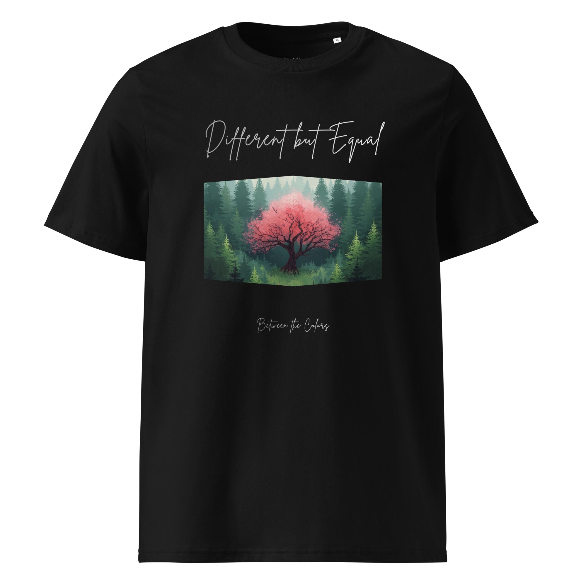 Different but Equal Unisex Bio T-Shirt in Schwarz – Vorderansicht, Queer Non-Binary Fashion