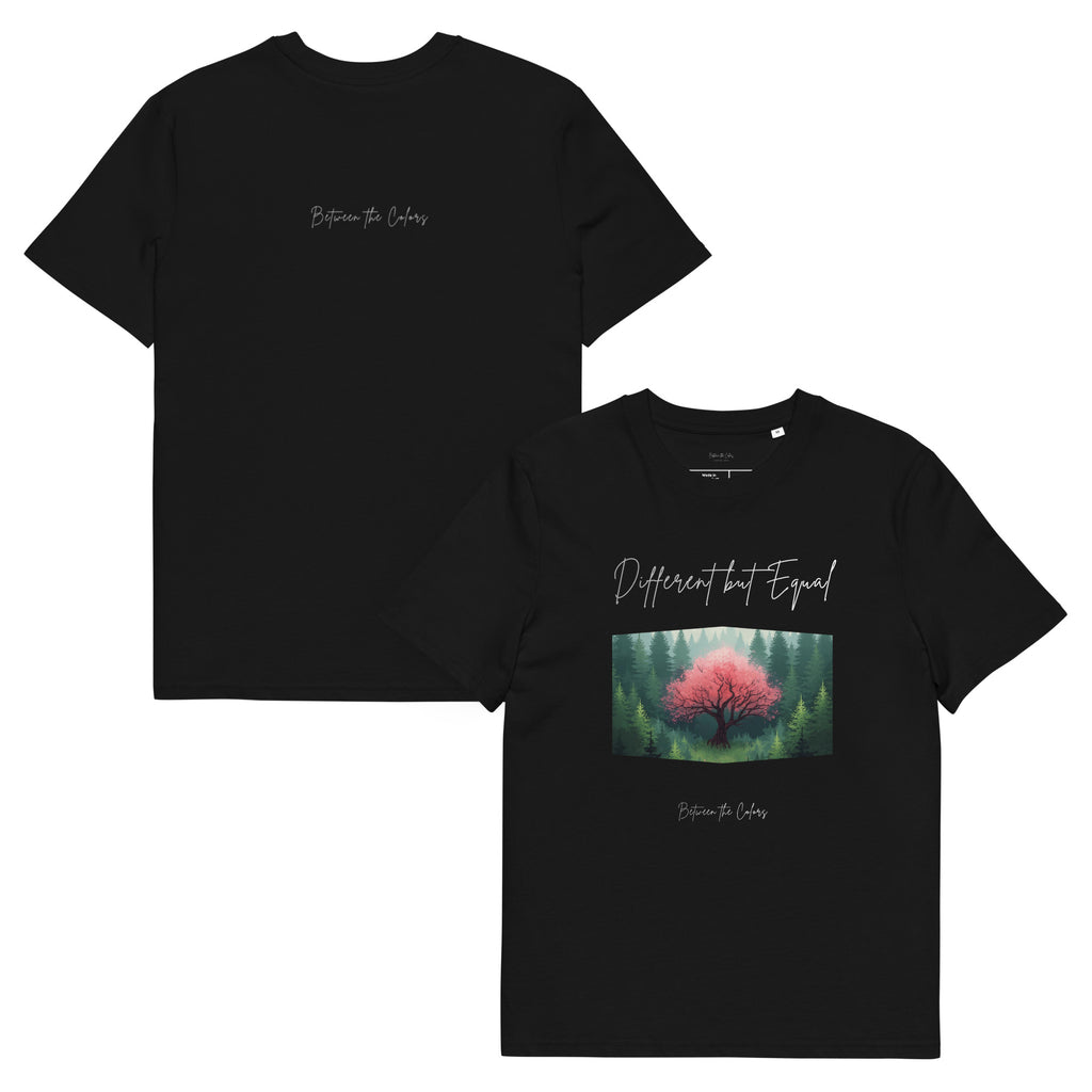 Different but Equal Bio T-Shirt Schwarz – Vorder- und Rückansicht, Queer Non-Binary Design