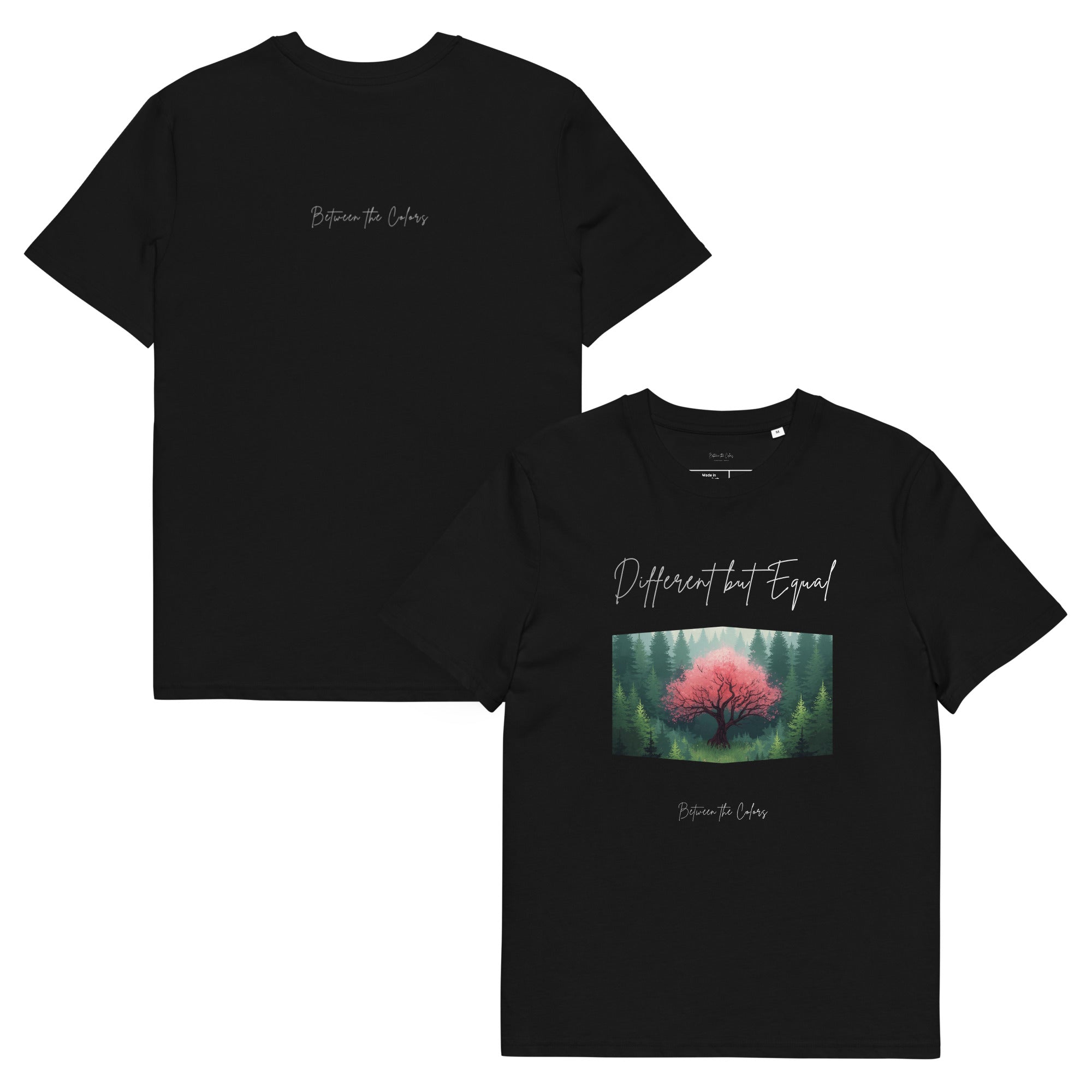 Different but Equal Bio T-Shirt Schwarz – Vorder- und Rückansicht, Queer Non-Binary Design