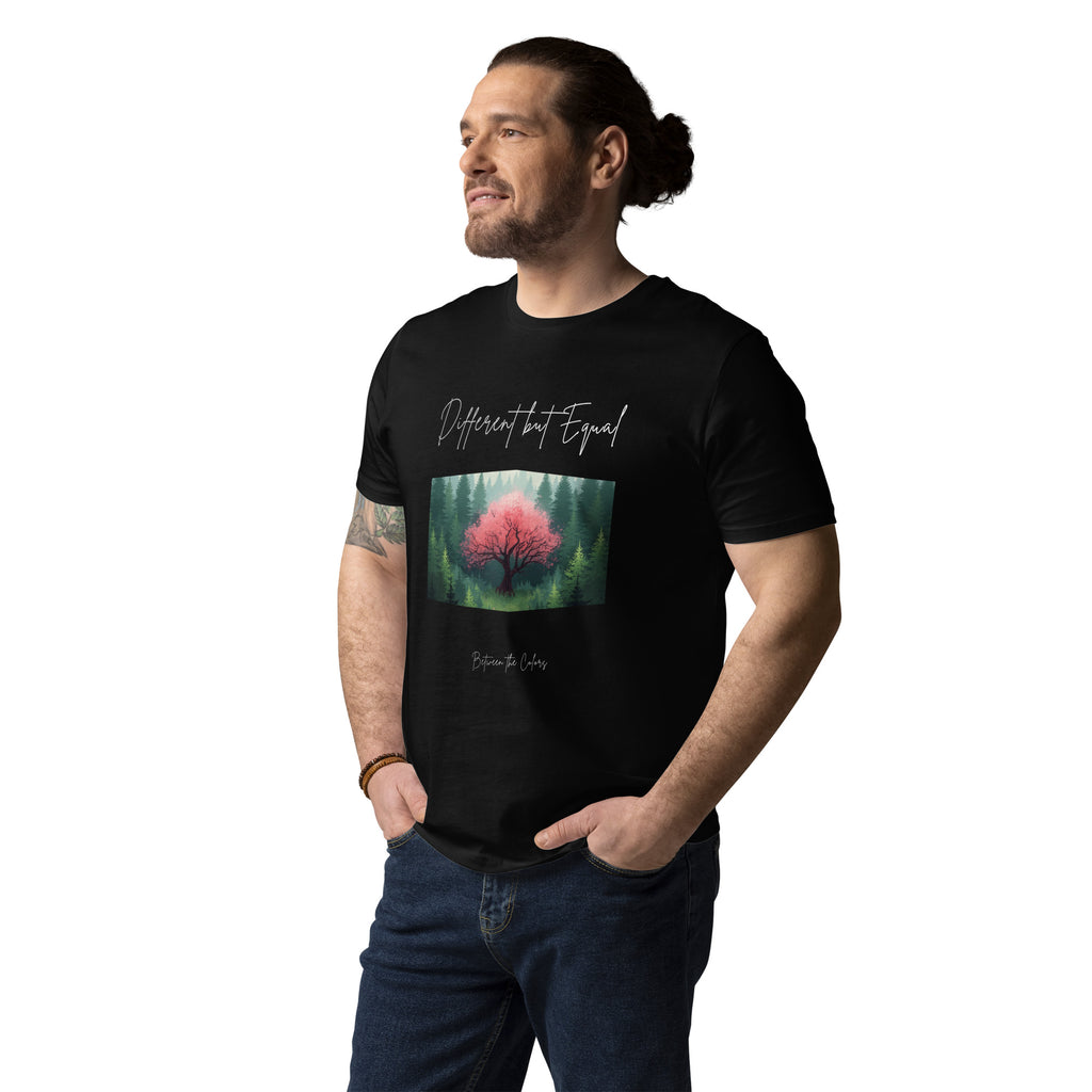 Different but Equal Unisex Bio T-Shirt Schwarz – Lifestyle-Ansicht, Queer Non-Binary Apparel