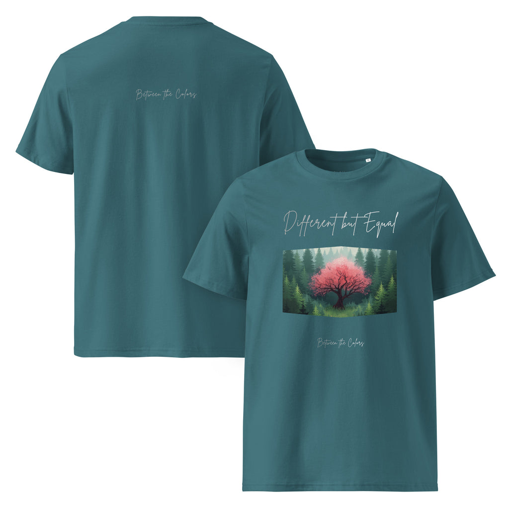 Different but Equal Bio T-Shirt Stargazer – Vorder- und Rückansicht, Queer Non-Binary Design