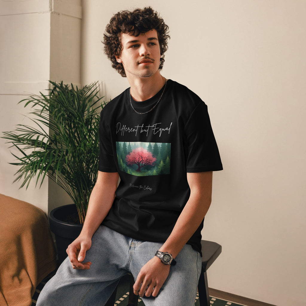 Different but Equal Unisex Bio T-Shirt in Schwarz – Vorderansicht, Queer Non-Binary Fashion