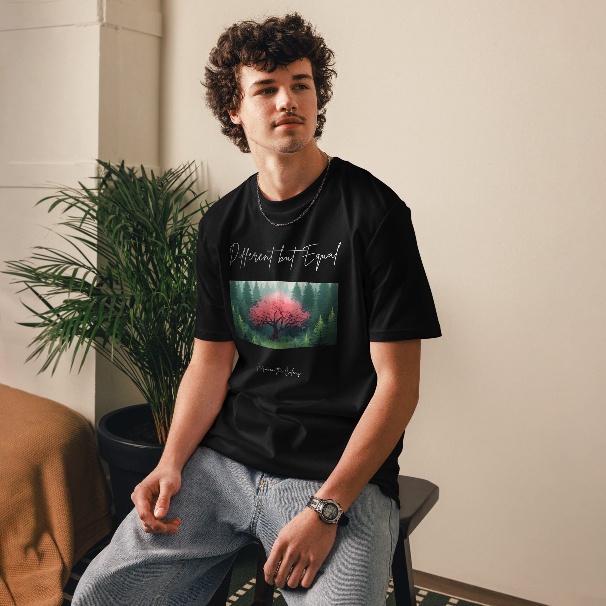 Different but Equal Unisex Bio T-Shirt in Schwarz – Vorderansicht, Queer Non-Binary Fashion