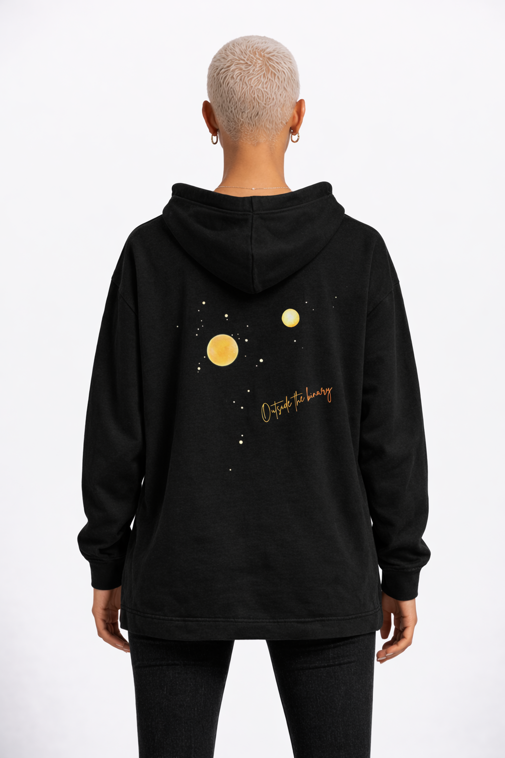 Outside the Binary Bio-Raglan-Hoodie Rückansicht – gender-neutral Hoodie, LGBTQ+ fashion, genderless clothing
