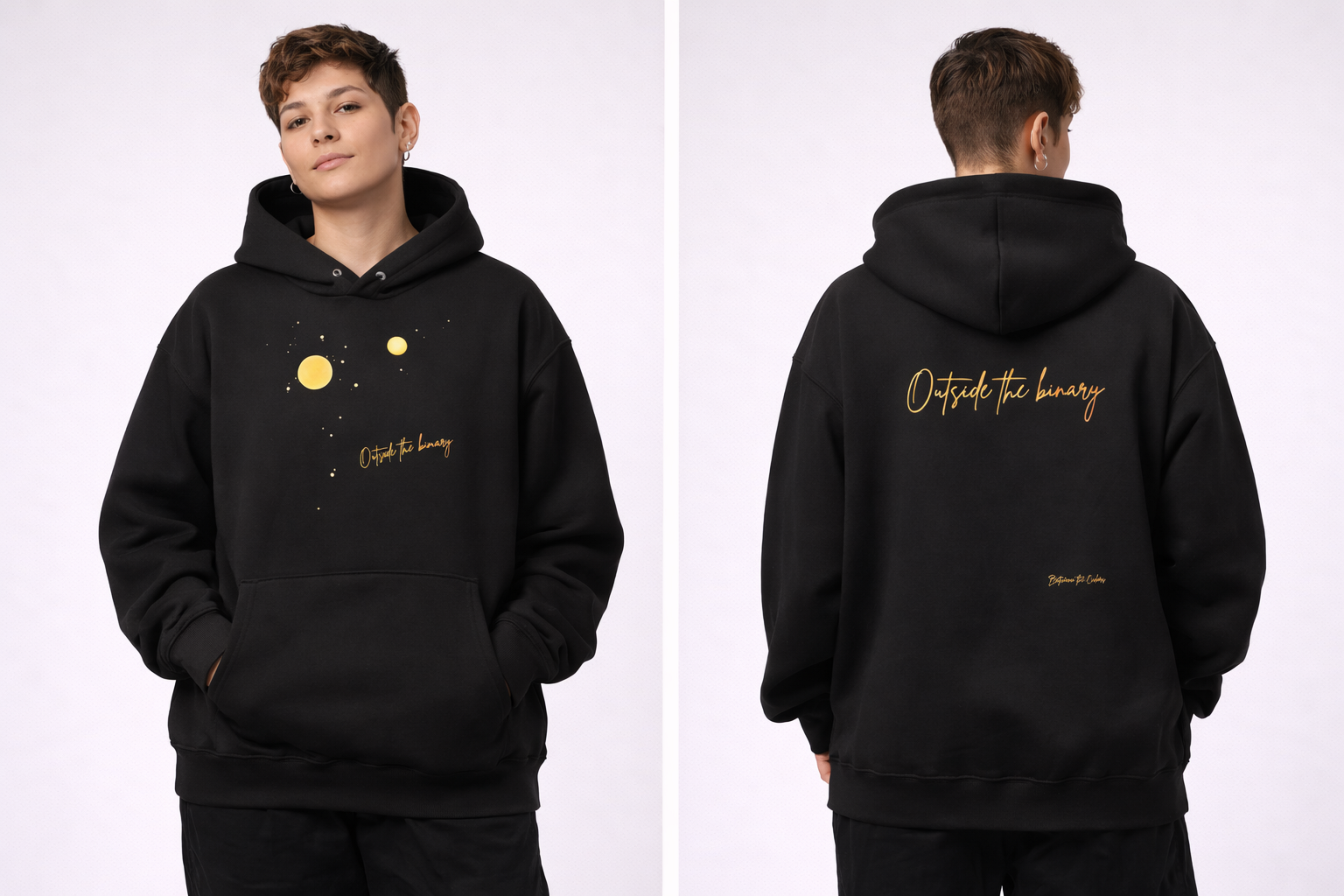 Outside the Binary Oversized Hoodie Vorder- und Rückansicht – gender-neutral Hoodie, genderless fashion, Unisex clothing