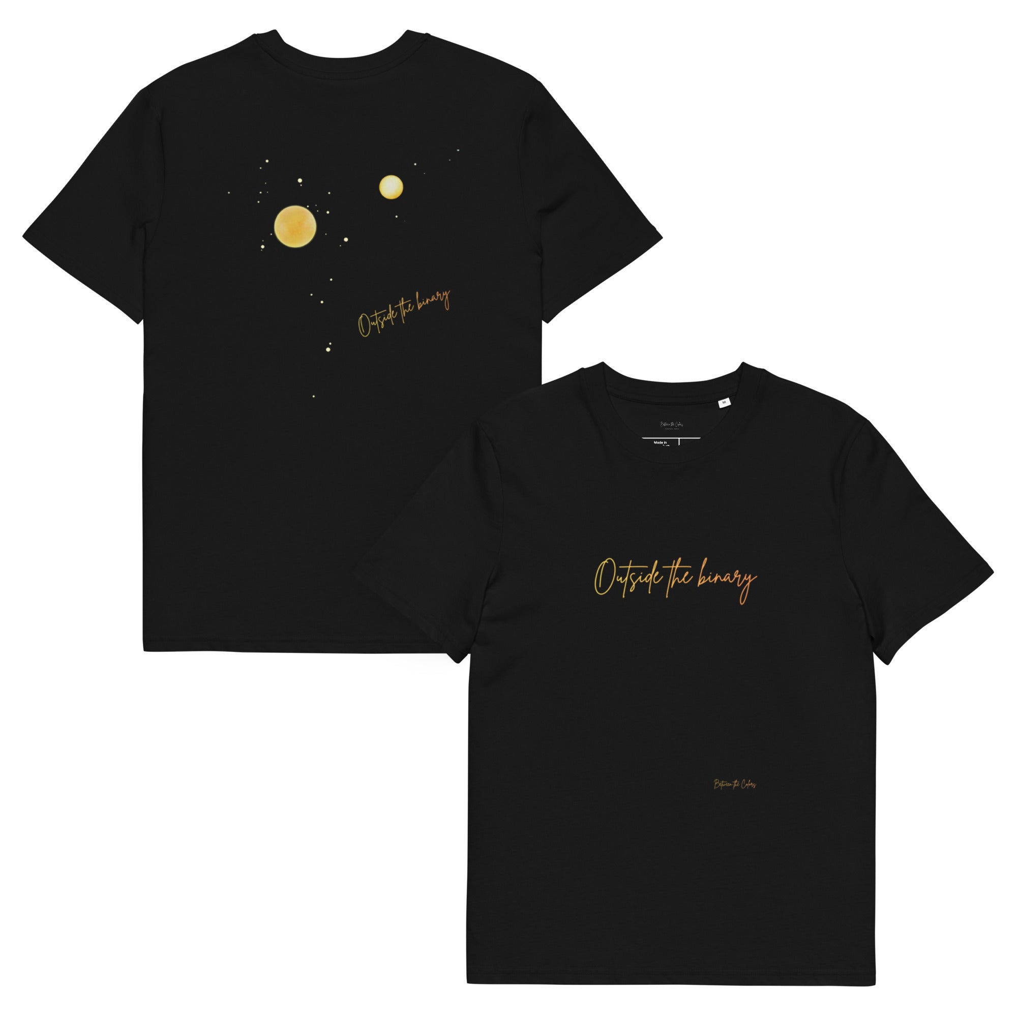 Outside the Binary Bio T-Shirt Schwarz – Vorder- und Rückansicht, Queer Non-Binary Design