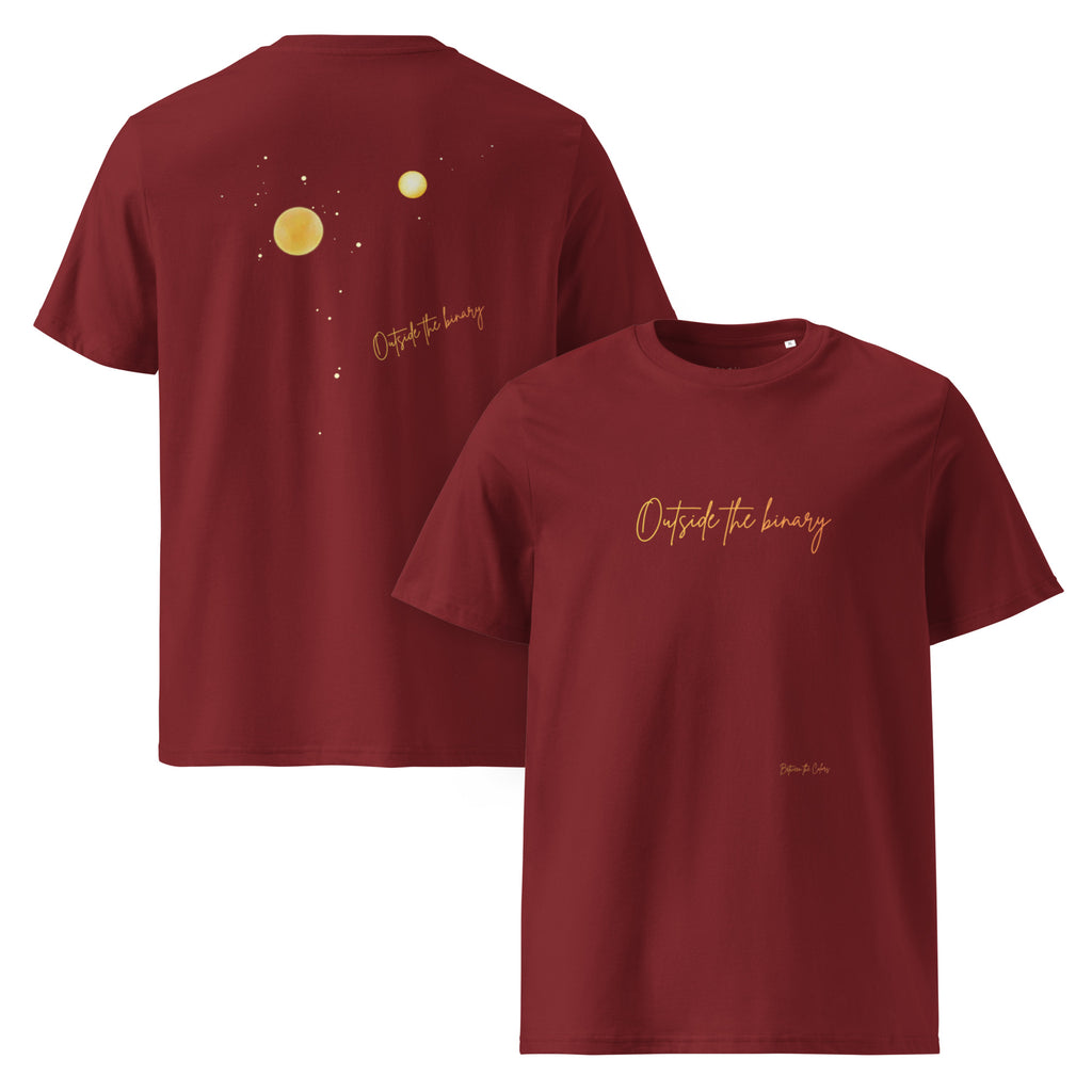 Outside the Binary Bio T-Shirt Rot – Vorder- und Rückansicht, Queer Non-Binary Design