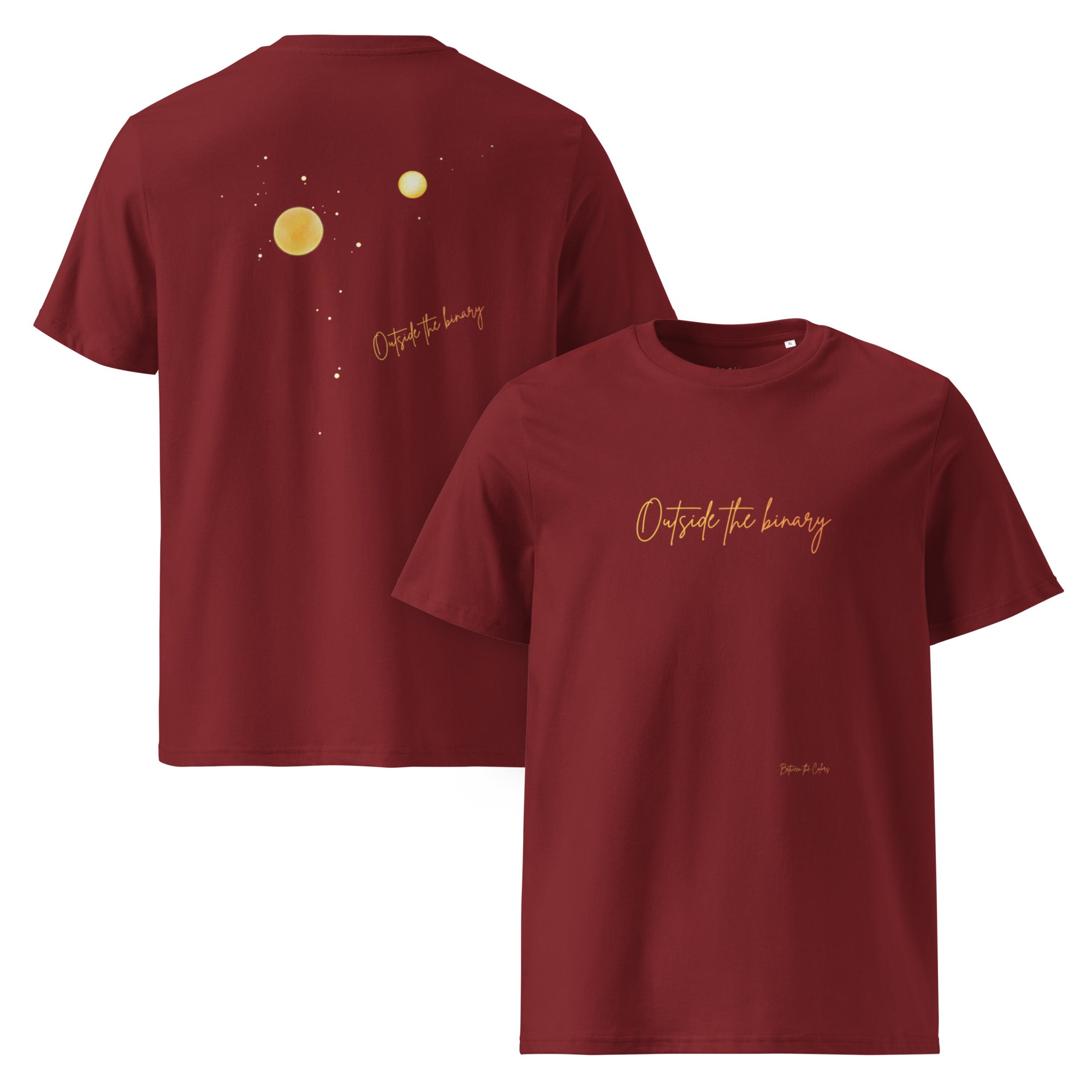 Outside the Binary Bio T-Shirt Rot – Vorder- und Rückansicht, Queer Non-Binary Design