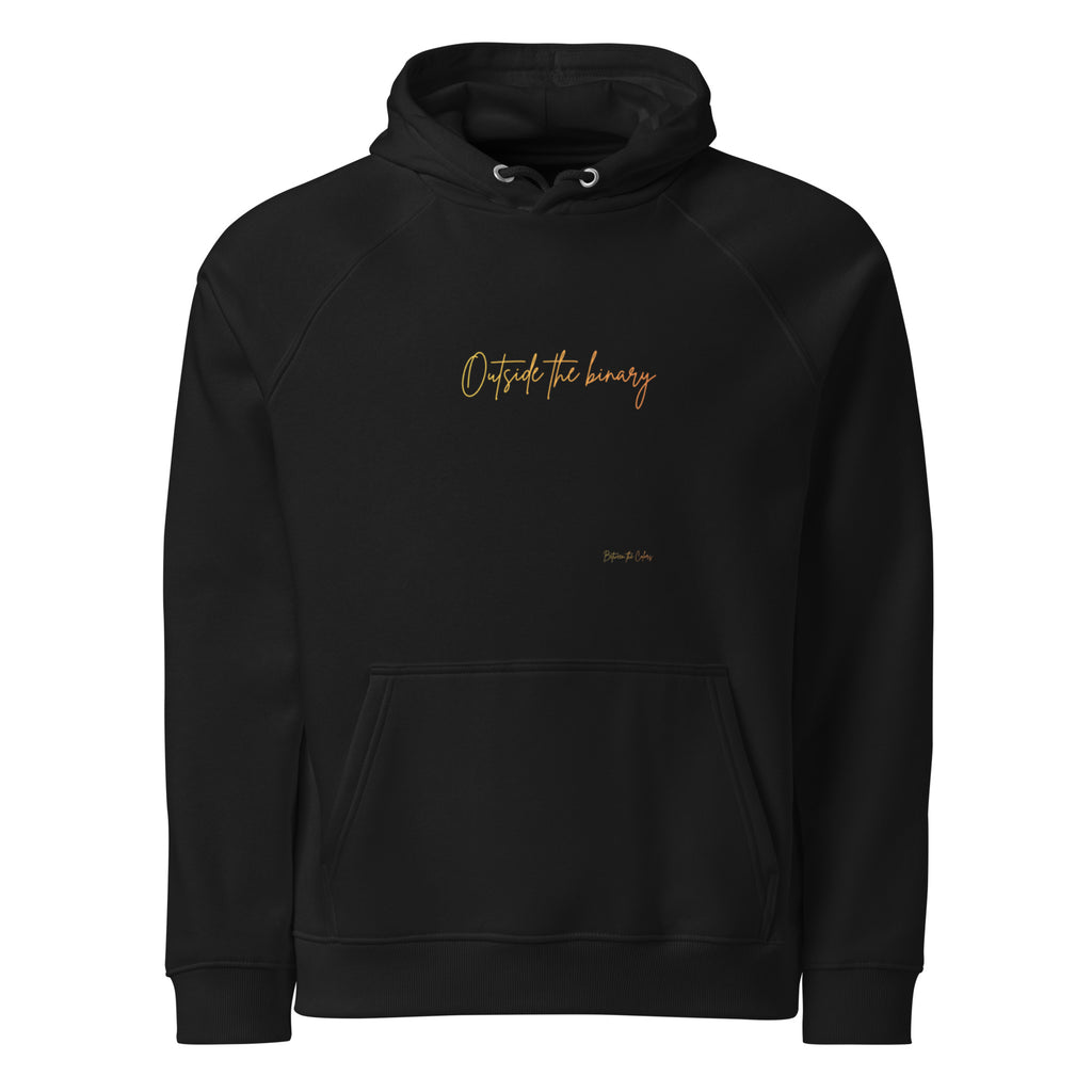 Outside the Binary Unisex Eco Raglan-Hoodie schwarz Vorderansicht – genderfluid Hoodie, LGBTQ+ fashion, gender-neutral clothing