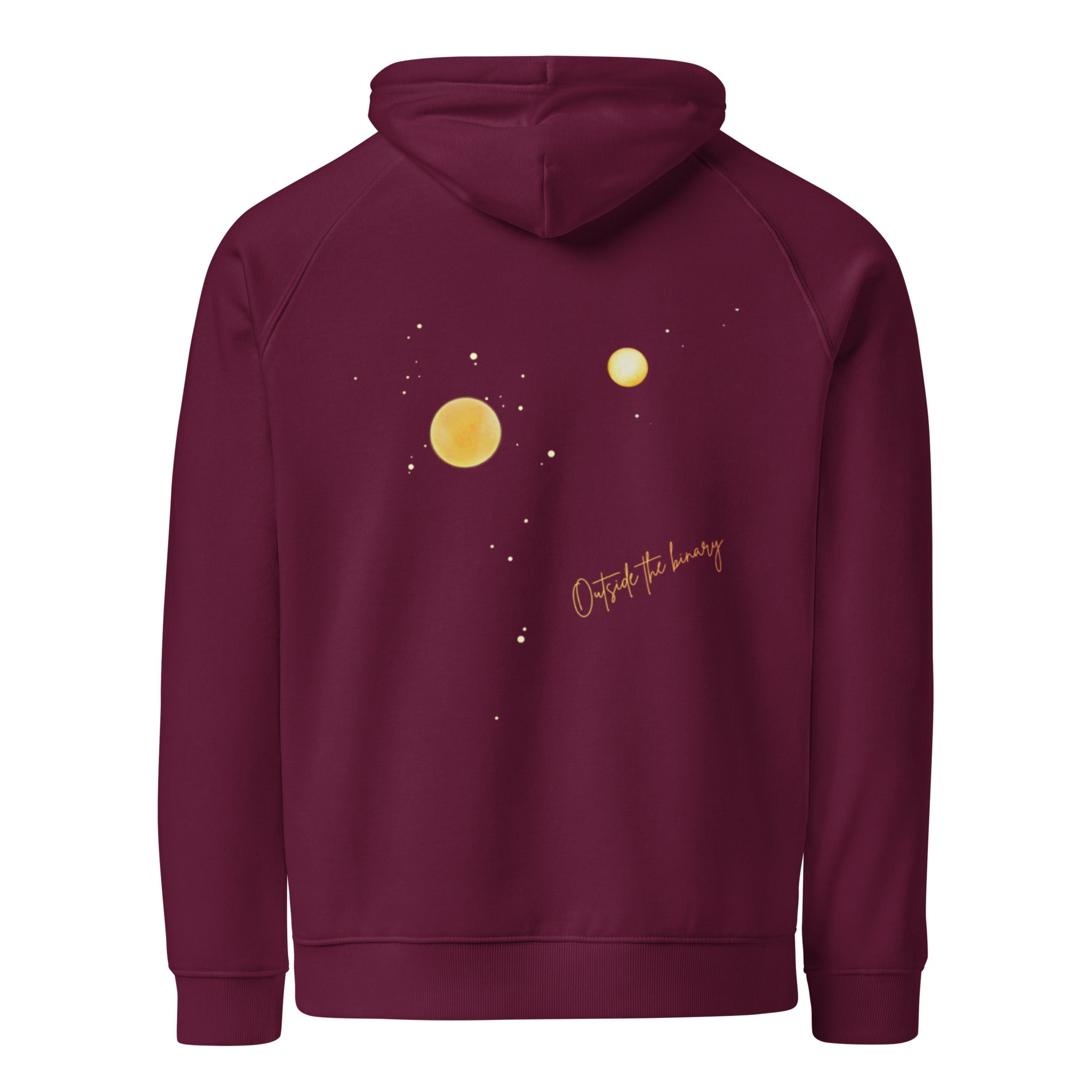 Outside the Binary Raglan-Hoodie burgundy Rückansicht – Unisex Hoodie, gender-neutral fashion, LGBTQ+ clothing