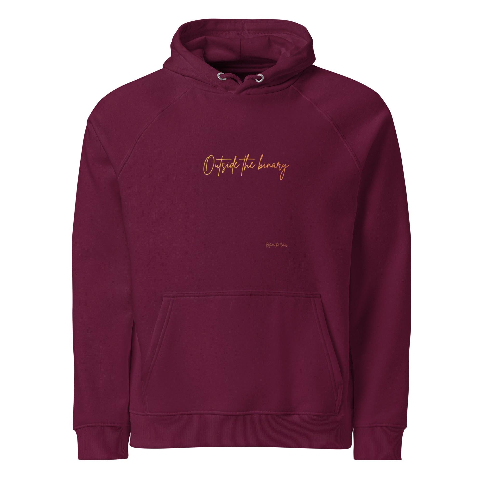 Outside the Binary Raglan-Hoodie burgundy Vorderansicht – genderfluid Hoodie, queer Style, non-binary fashion