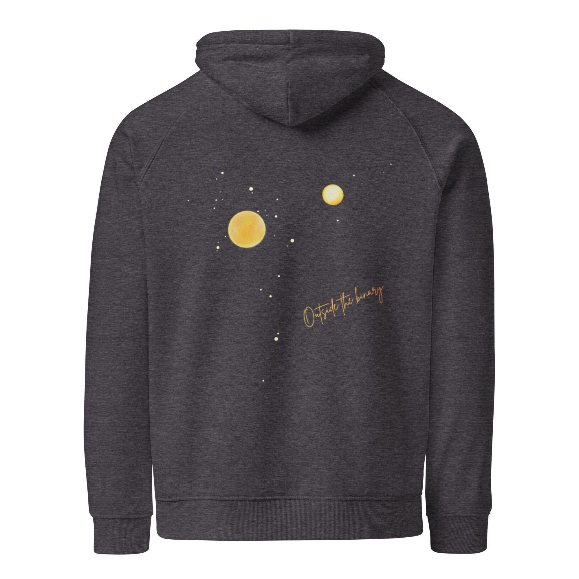 Outside the Binary Raglan-Hoodie charcoal Rückansicht – non-binary Hoodie, genderless fashion, queer clothing