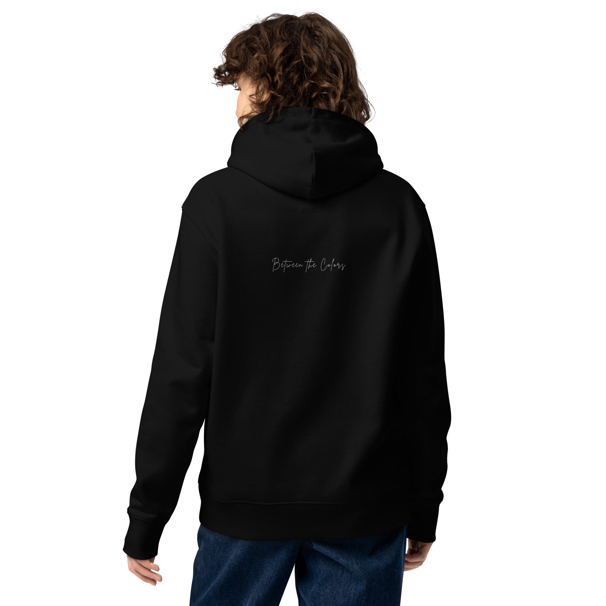 Different but Equal Eco-Hoodie schwarz Rückansicht – non-binary Mode, genderfluid Kapuzenpullover, LGBTQ+ fashion