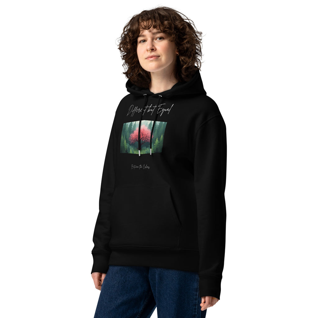 Different but Equal Eco-Hoodie schwarz Vorderansicht – non-binary Kapuzenpullover, Unisex fashion, LGBTQ+ Style