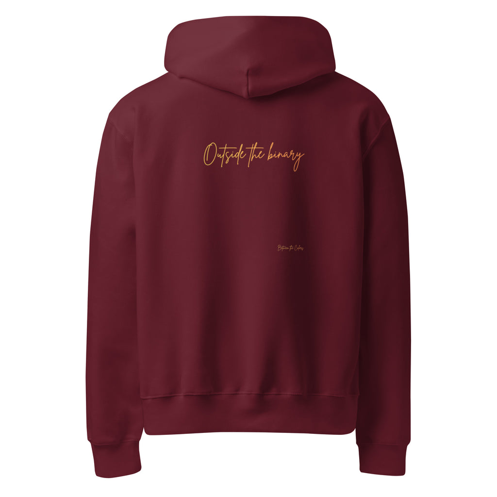 Outside the Binary Hoodie maroon Rückansicht – gender-neutral Hoodie, genderless clothing, LGBTQ+ fashion