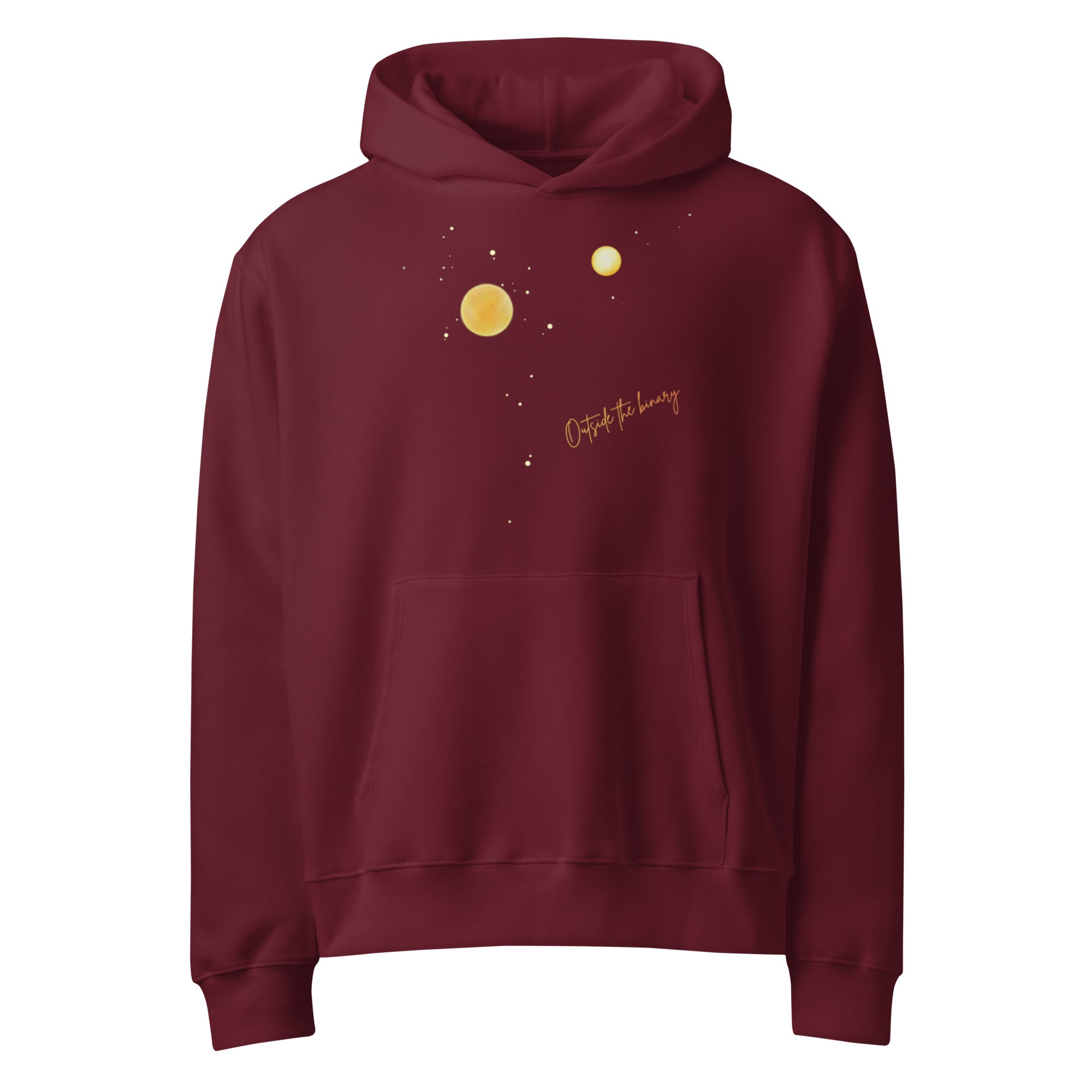 Outside the Binary Hoodie maroon Vorderansicht – genderfluid fashion, queer Hoodie, non-binary Style