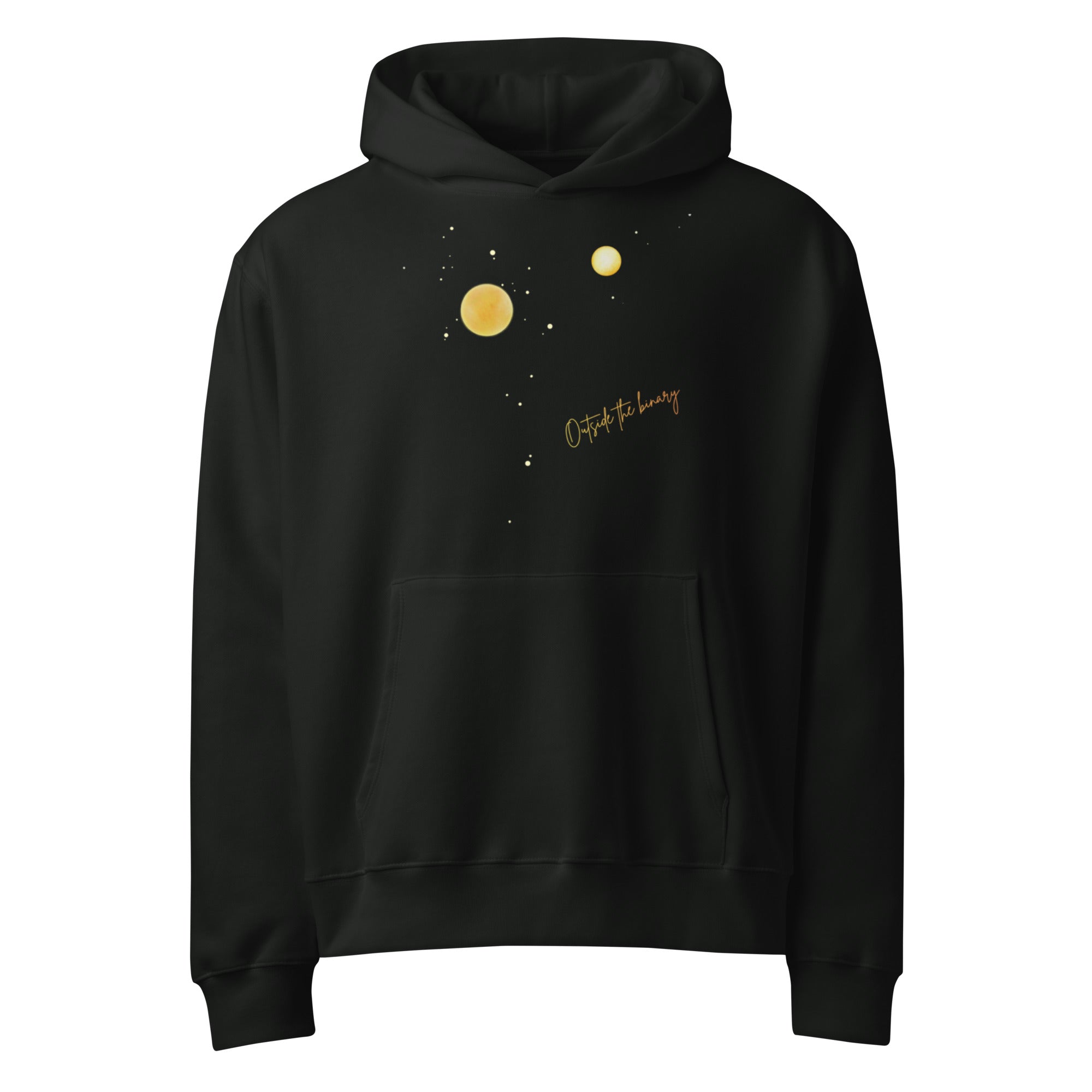 Outside the Binary Hoodie vintage schwarz Vorderansicht – LGBTQ+ fashion, genderfluid Hoodie, gender-neutral clothing